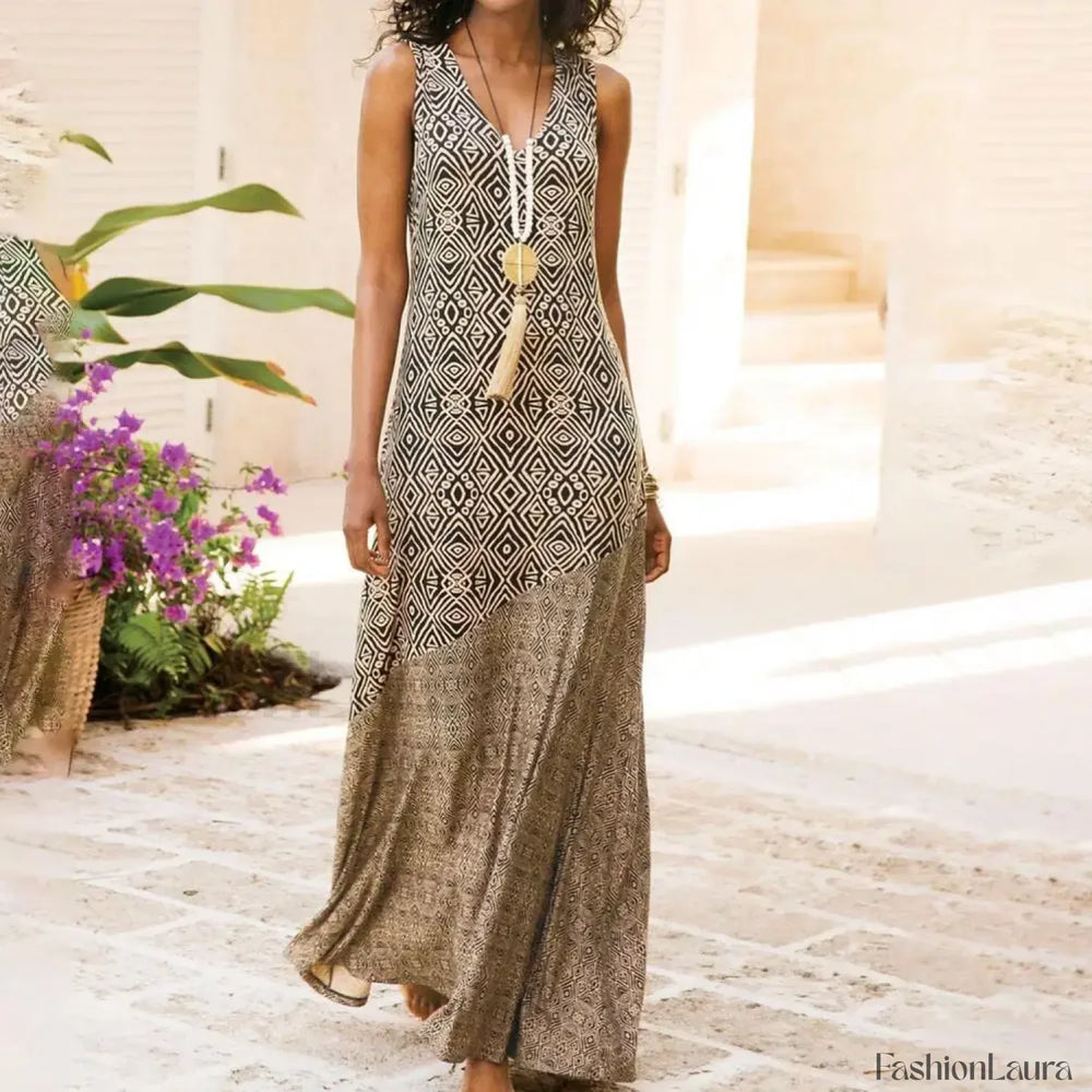 Sling V Neck Geometric Boho Dress