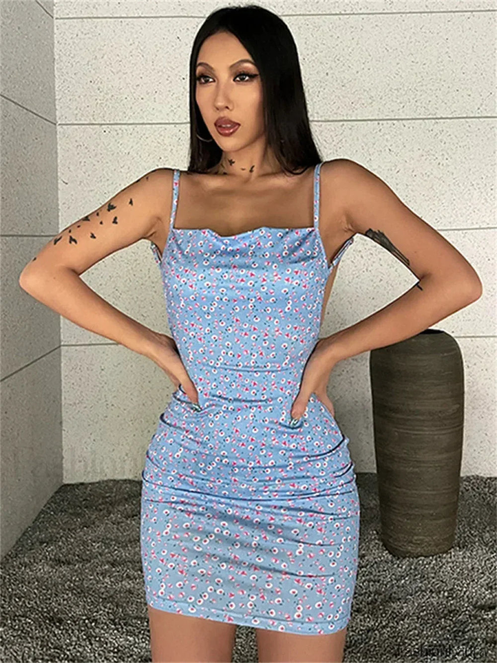 Sling Wrap Bodycon Floral Dress SKY BLUE / S