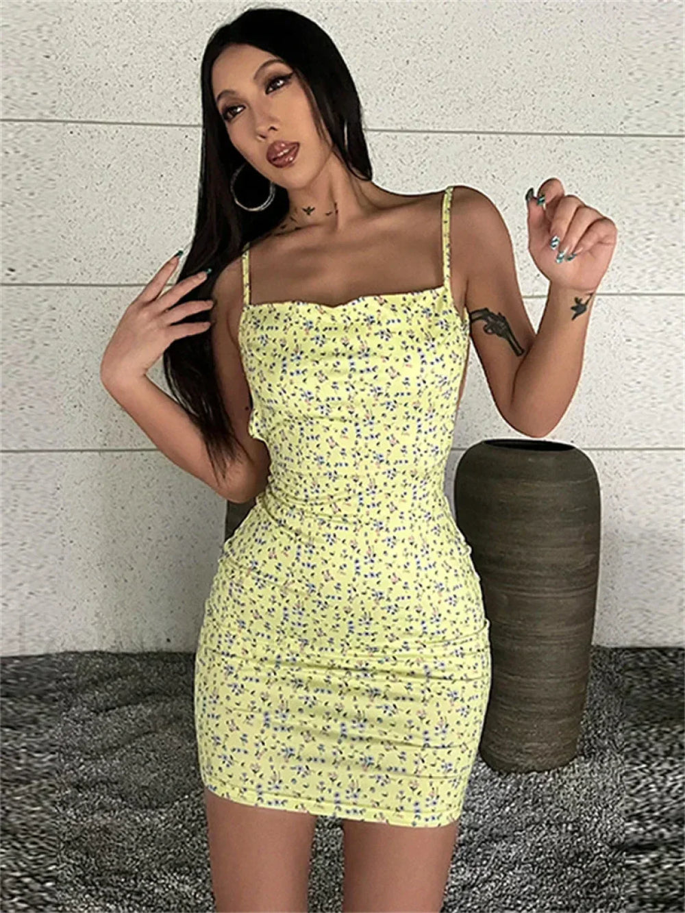 Sling Wrap Bodycon Floral Dress Yellow / S