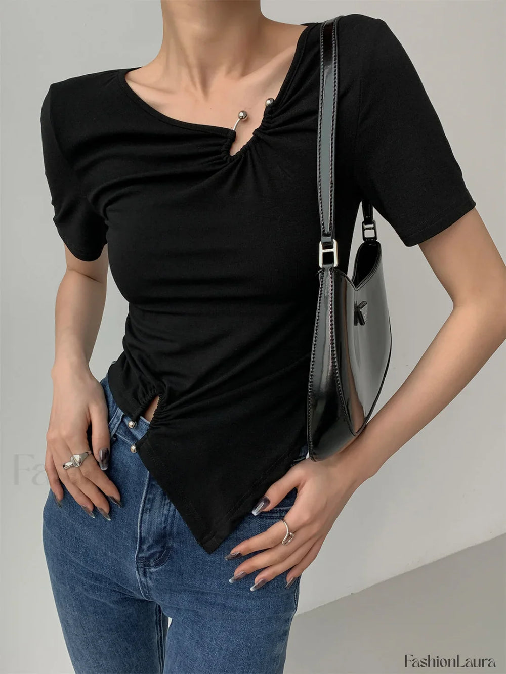 Slinky Metal Ring Trendy Short Sleeve Top Black / XS T Shirts
