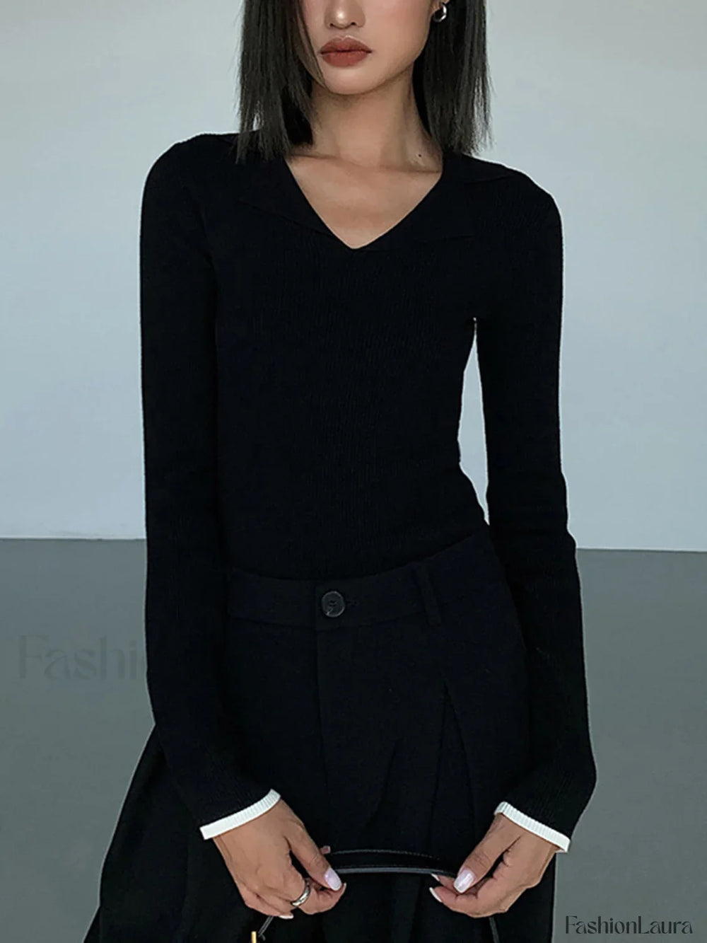 Slinky V neck Collar Trendy Ribbed Knit Top Sweaters L