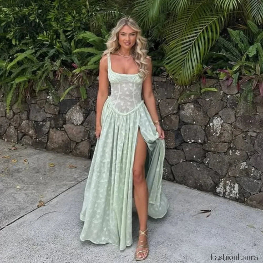 Slit Embroidered Mesh Maxi Dress