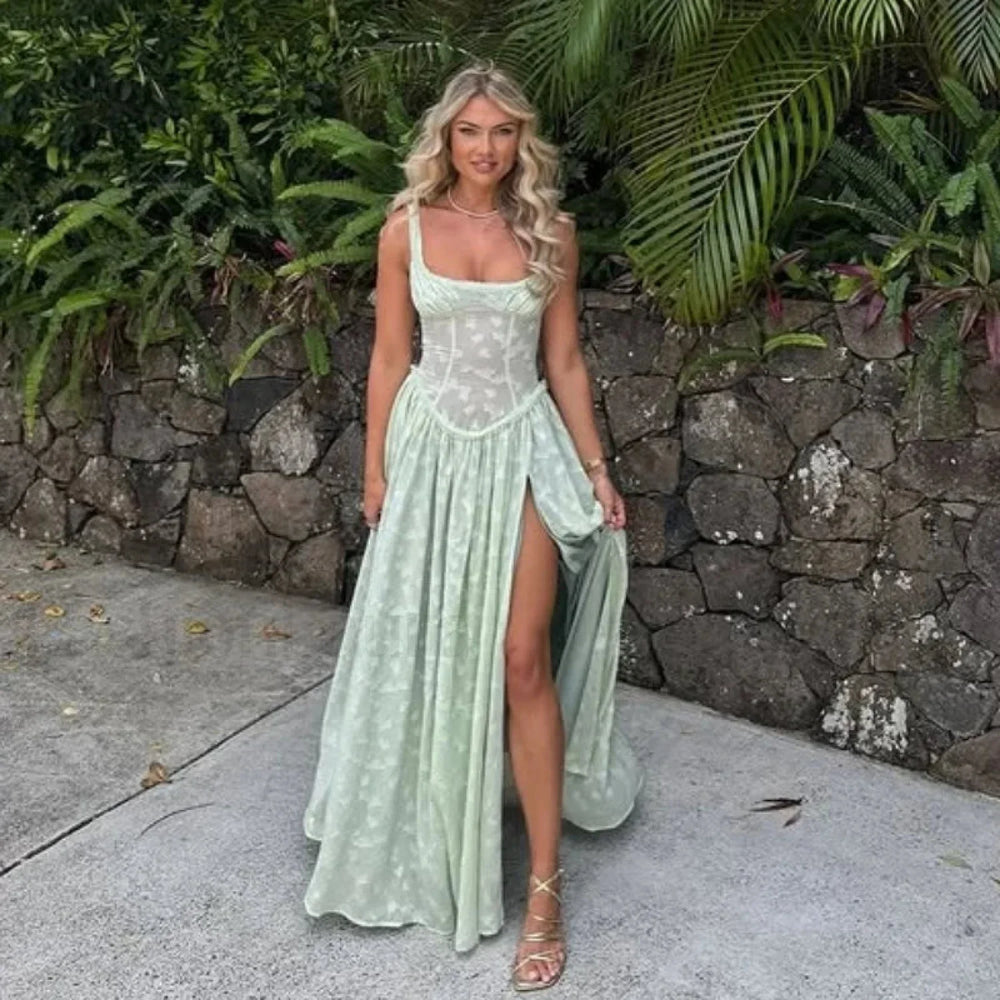 Slit Embroidered Mesh Maxi Dress