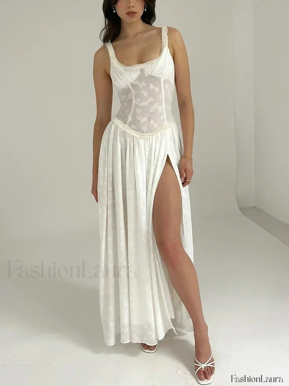 Slit Embroidered Mesh Maxi Dress White / S