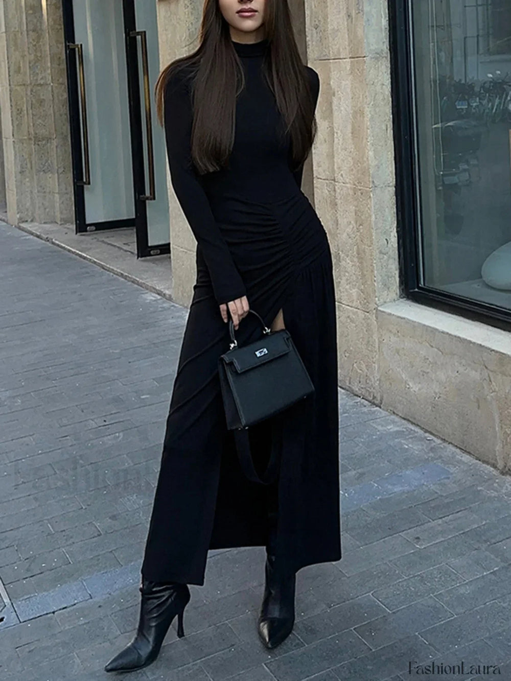 Slit Pleated Long Sleeve Bodycon Mock Neck Long Dress Dresses