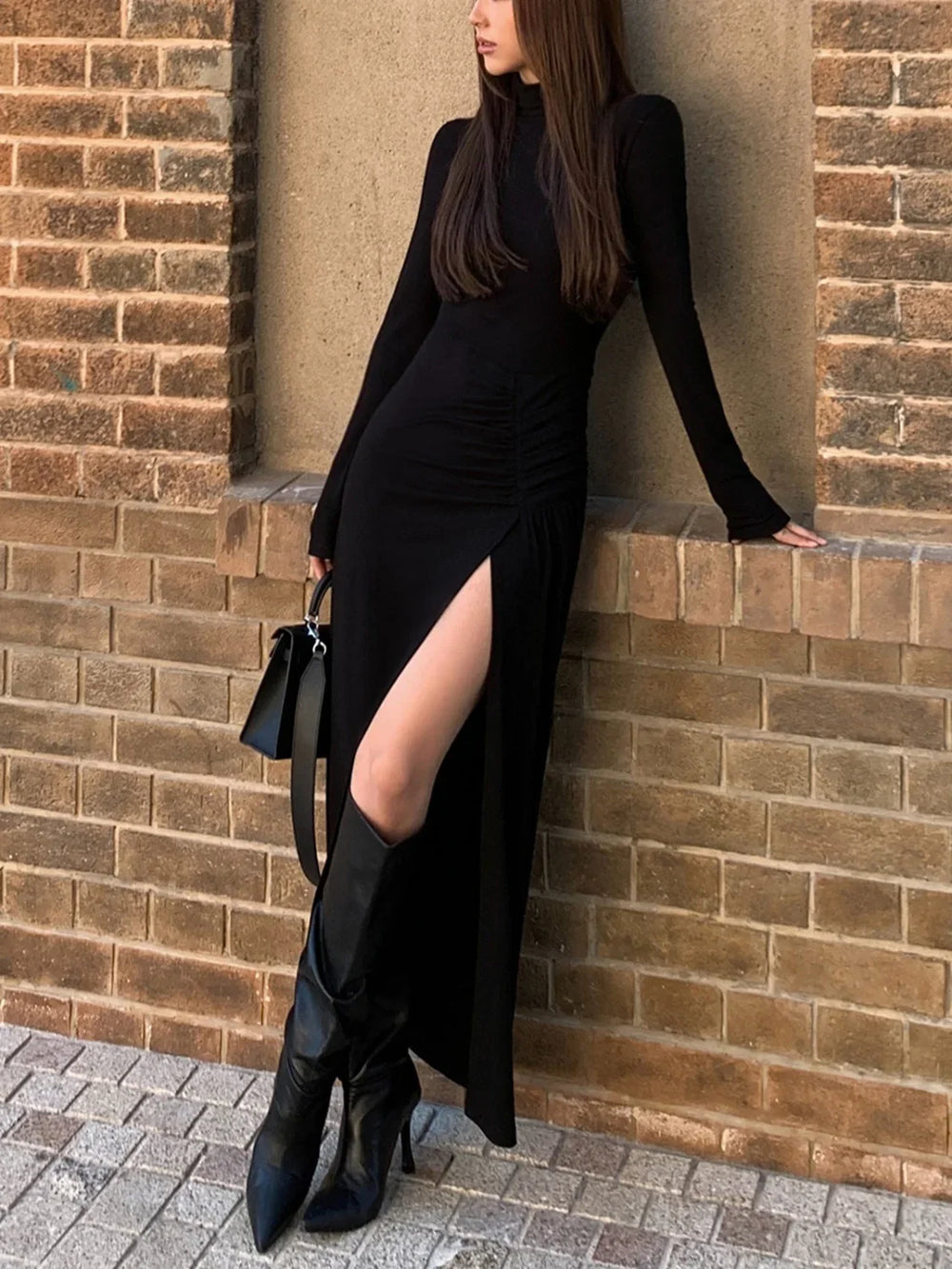 Slit Pleated Long Sleeve Bodycon Mock Neck Long Dress Dresses