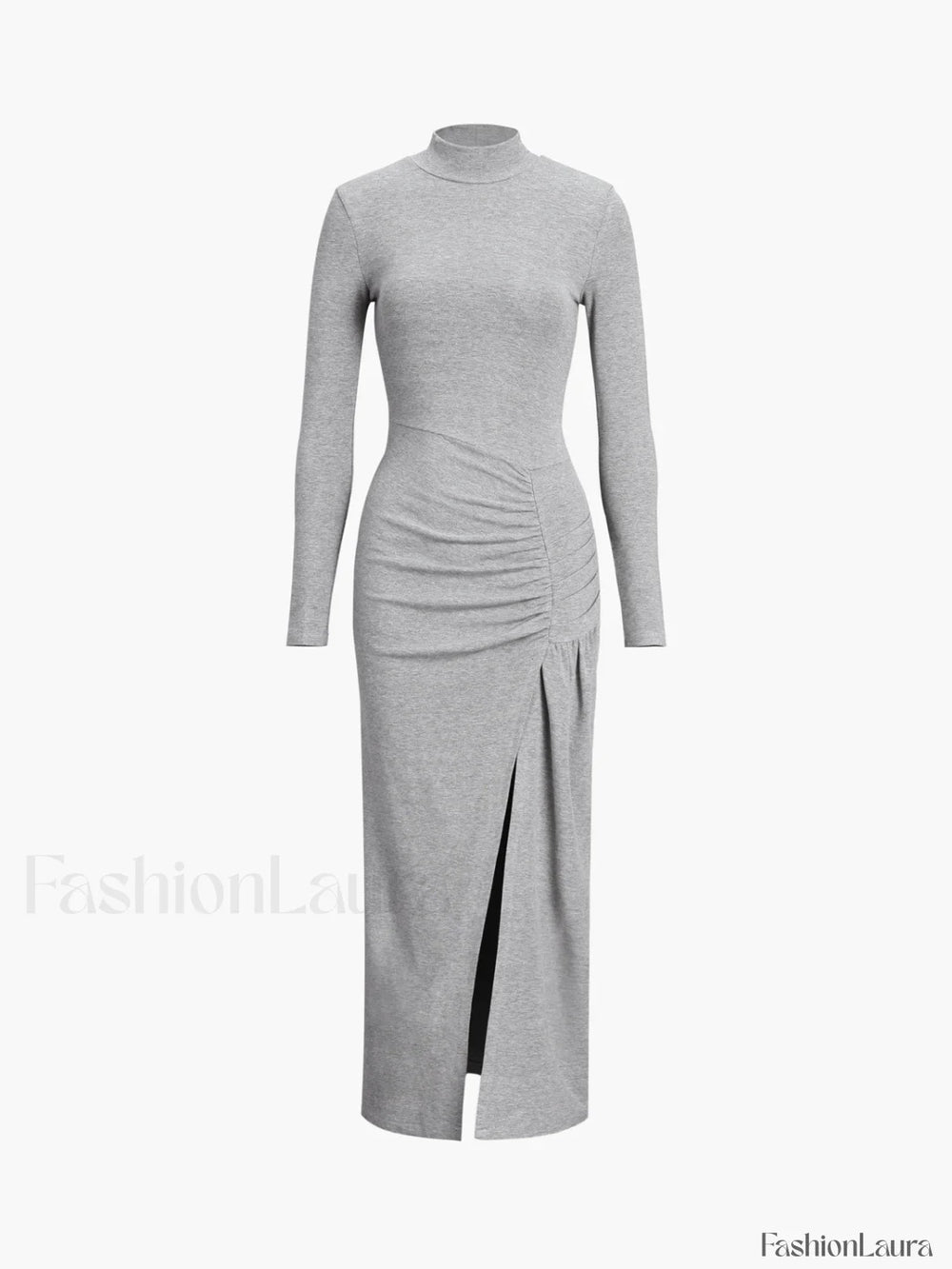 Slit Pleated Long Sleeve Modern Bodycon Mock Neck Long Dress Light Grey / XS Dresses