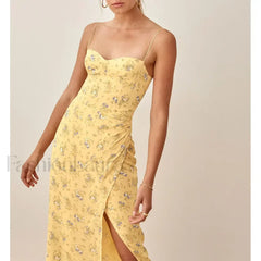 Slit Spaghetti Chiffon Floral Dress