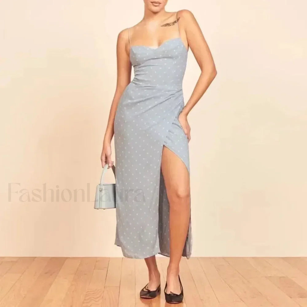 Slit Spaghetti Chiffon Floral Dress blue / S