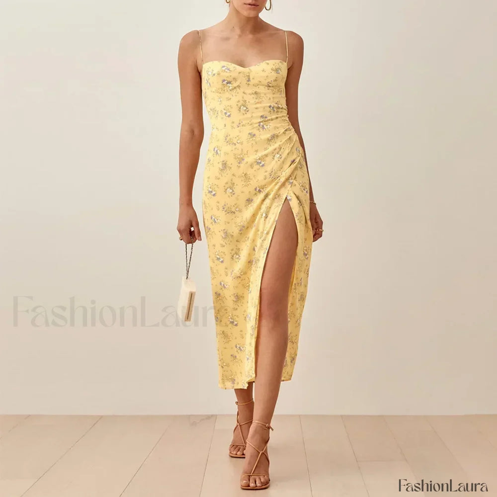 Slit Spaghetti Chiffon Floral Dress yellow / S