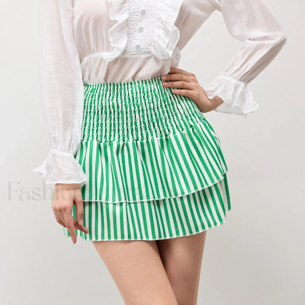 Smocked Flower Print A Line Skirt Green / S