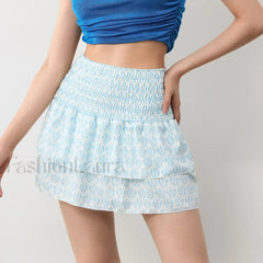 Smocked Flower Print A Line Skirt Light Blue / S