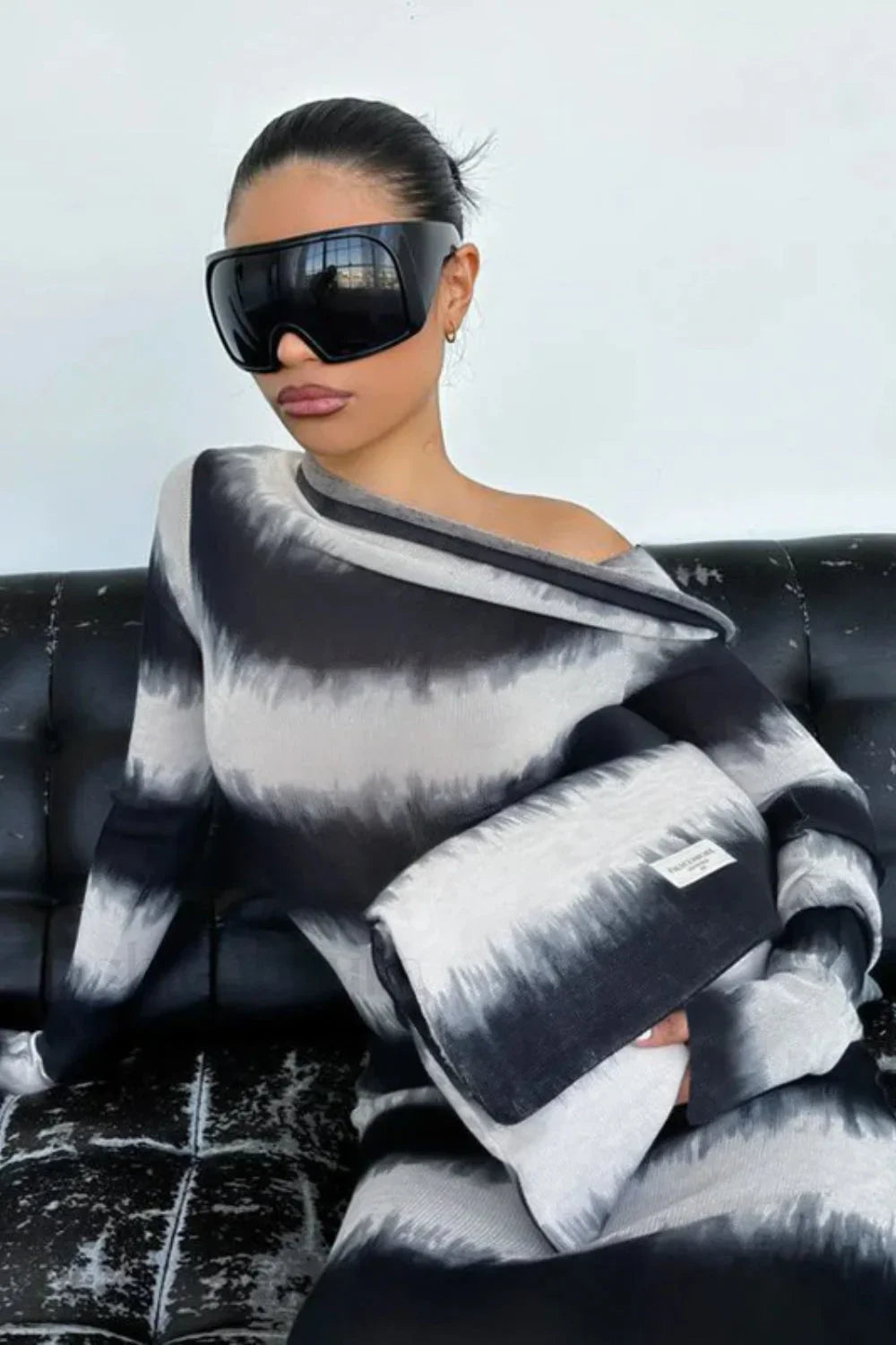 Smudged Black and White Stripes Asymmetrical Slanted Shoulder Maxi Dress