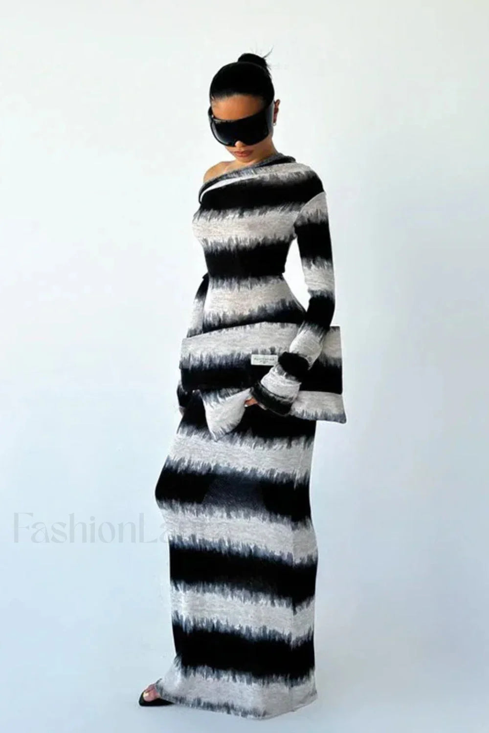 Smudged Black and White Stripes Asymmetrical Slanted Shoulder Maxi Dress