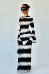 Smudged Black and White Stripes Asymmetrical Slanted Shoulder Maxi Dress Stripes / S
