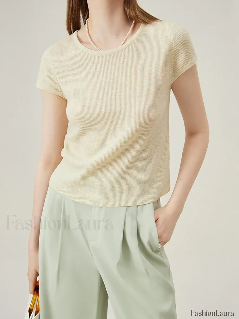 Soft Wool Lace Up Summer Grey T Shirt Oatmeal color / XS