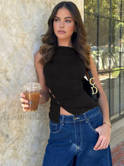 Solid Asymmetrical Graceful Hem Tank Top Black / S Tank Tops & Camis