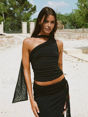 Solid Asymmetrical Neck One Shoulder Top Black / XS Tank Tops & Camis