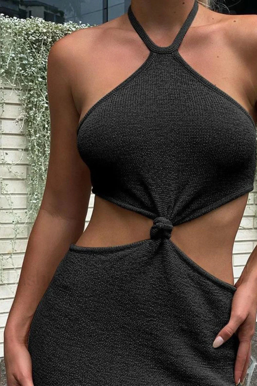 Solid Backless Halter Bodycon Work Dress 黑色 / S