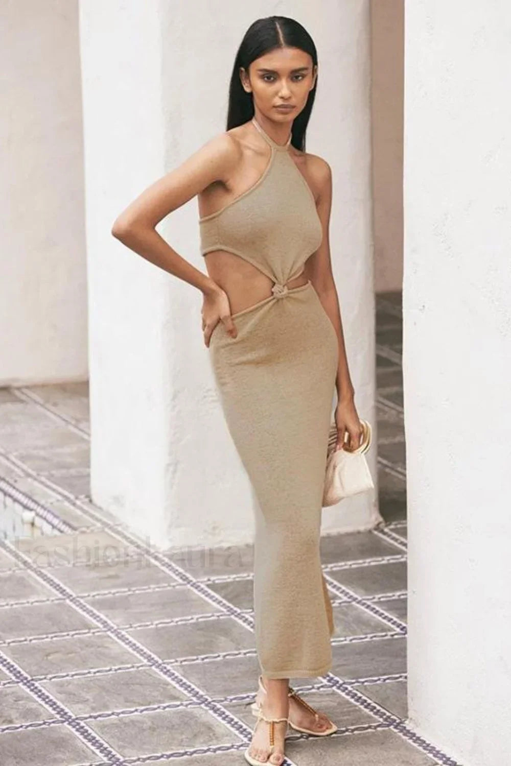 Solid Backless Halter Bodycon Work Dress 卡其 / S