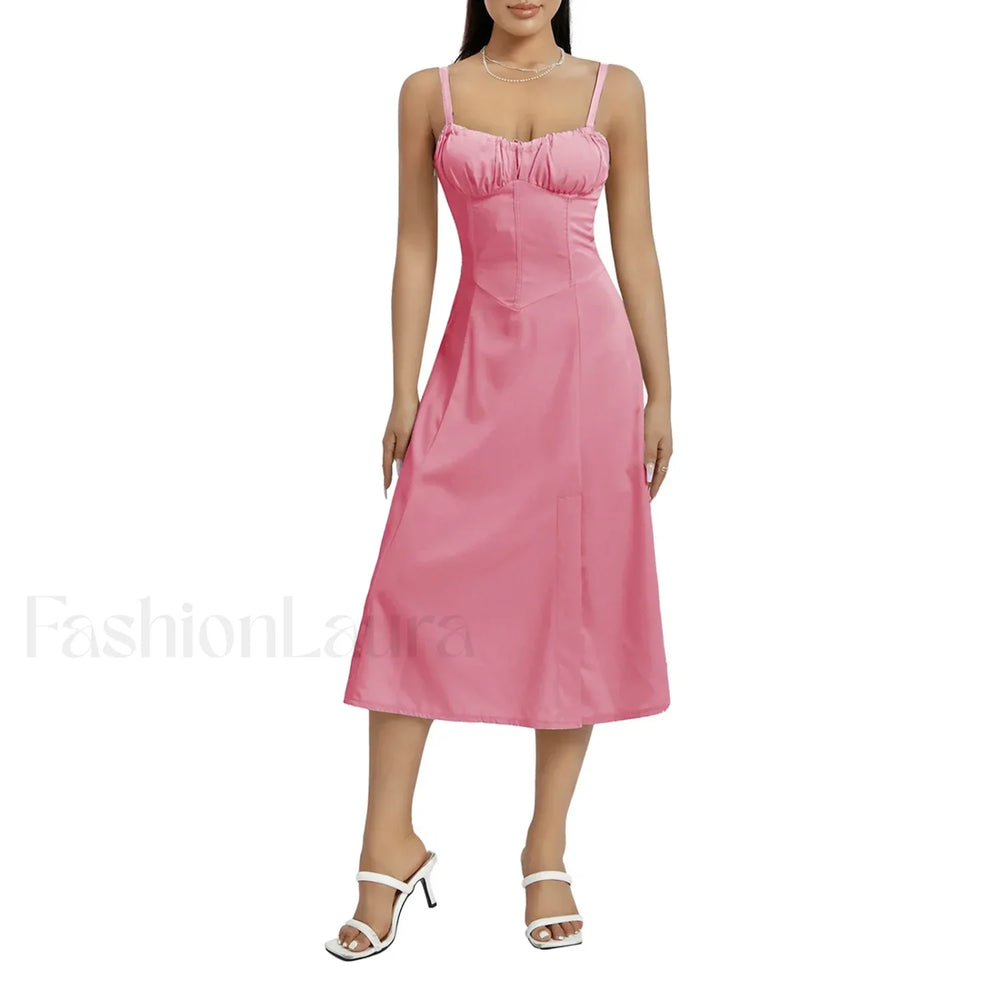 Solid Bandage A Line Midi Dress Pink / S