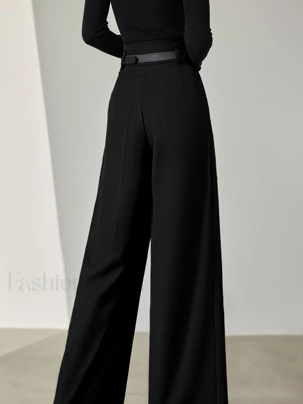 Solid Belted Pleated Trendy Wide Leg Pants Pants