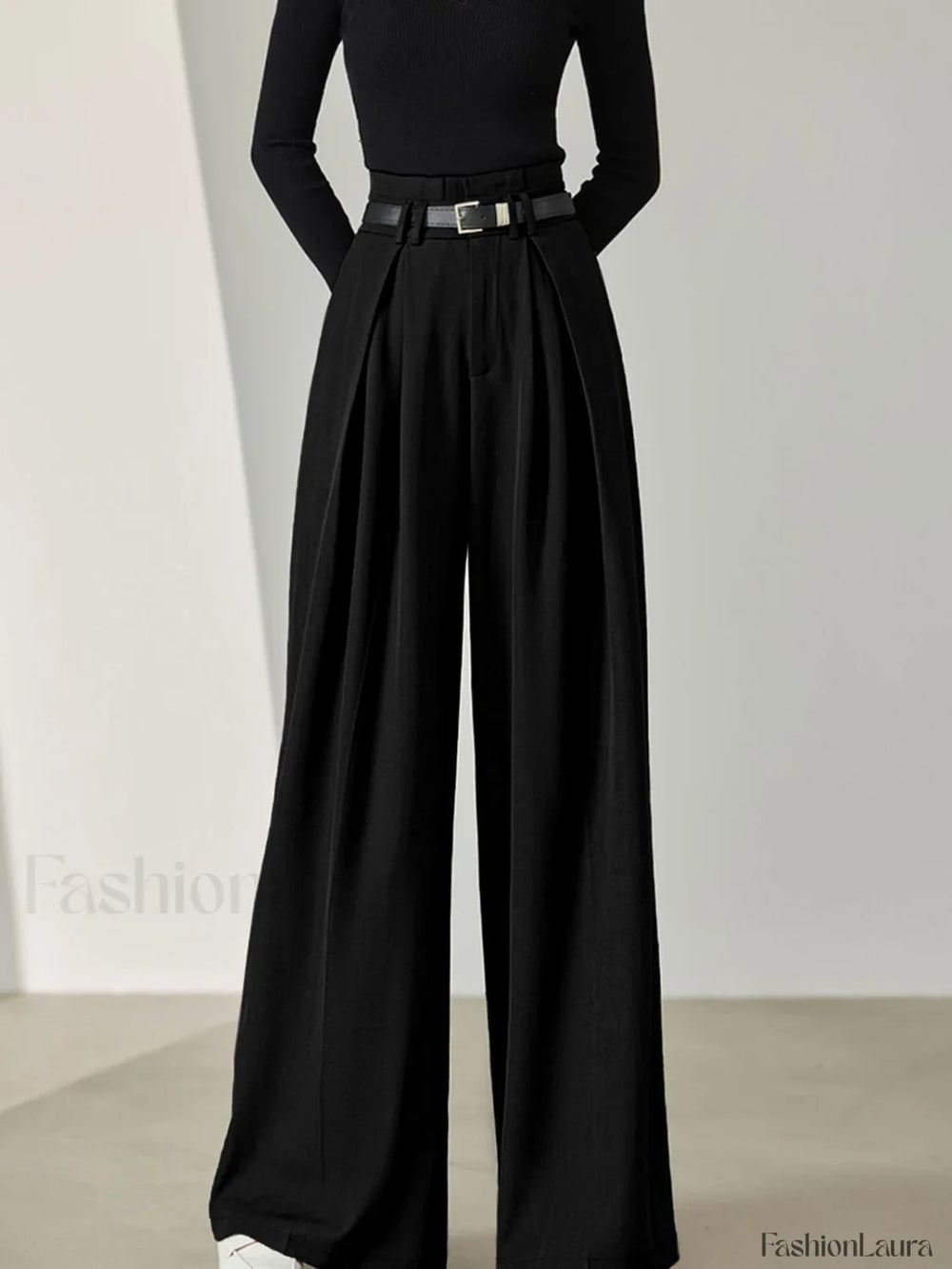 Solid Belted Pleated Wide Leg Pants Pants