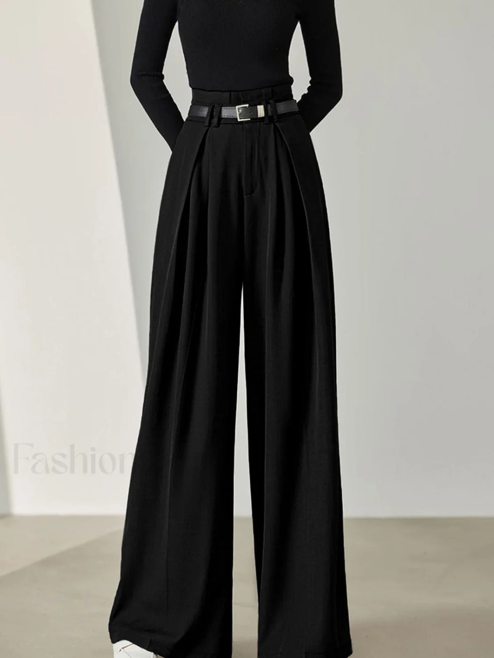 Solid Belted Pleated Wide Leg Pants Pants