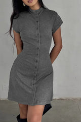 Solid Buttoned High Collar Bodycon A Line Work Dress Grey / S