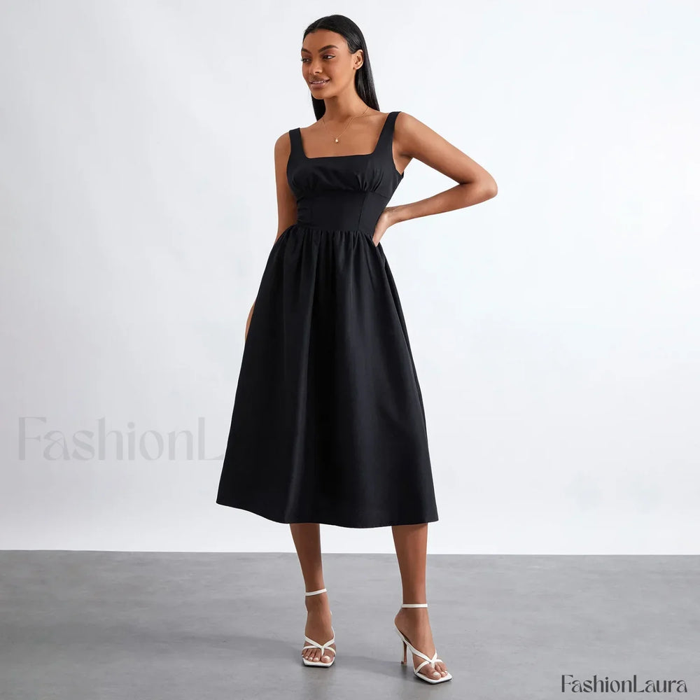 Solid Cami High Waist Midi Dress Black / S