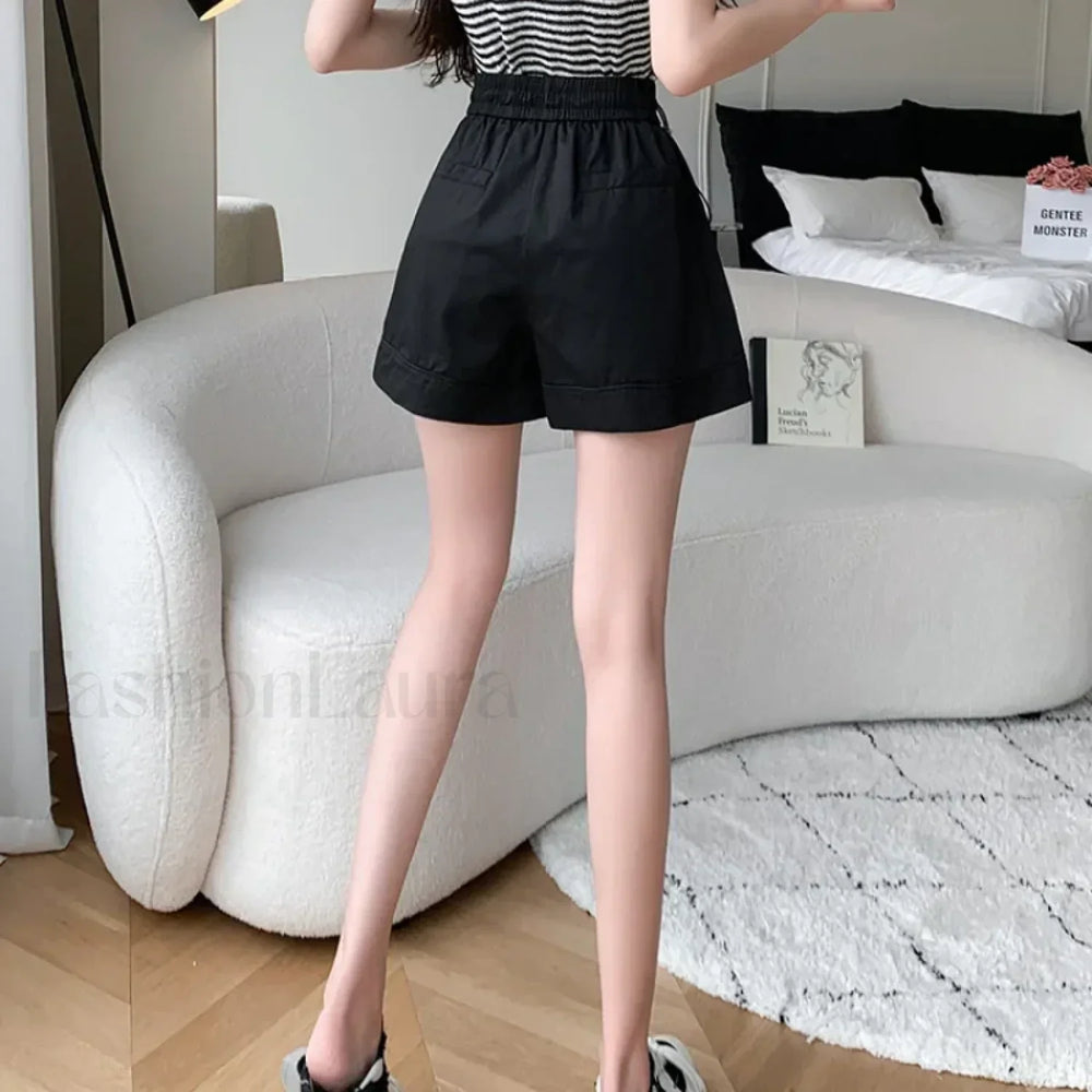 Solid Color A line High Waist Elastic Loose Shorts