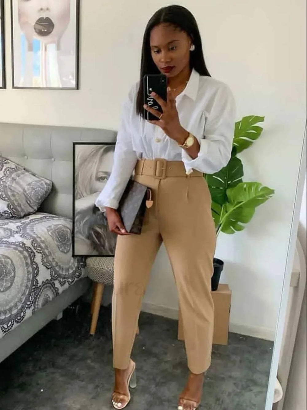 Solid Color Belted Pencil Pants Pants