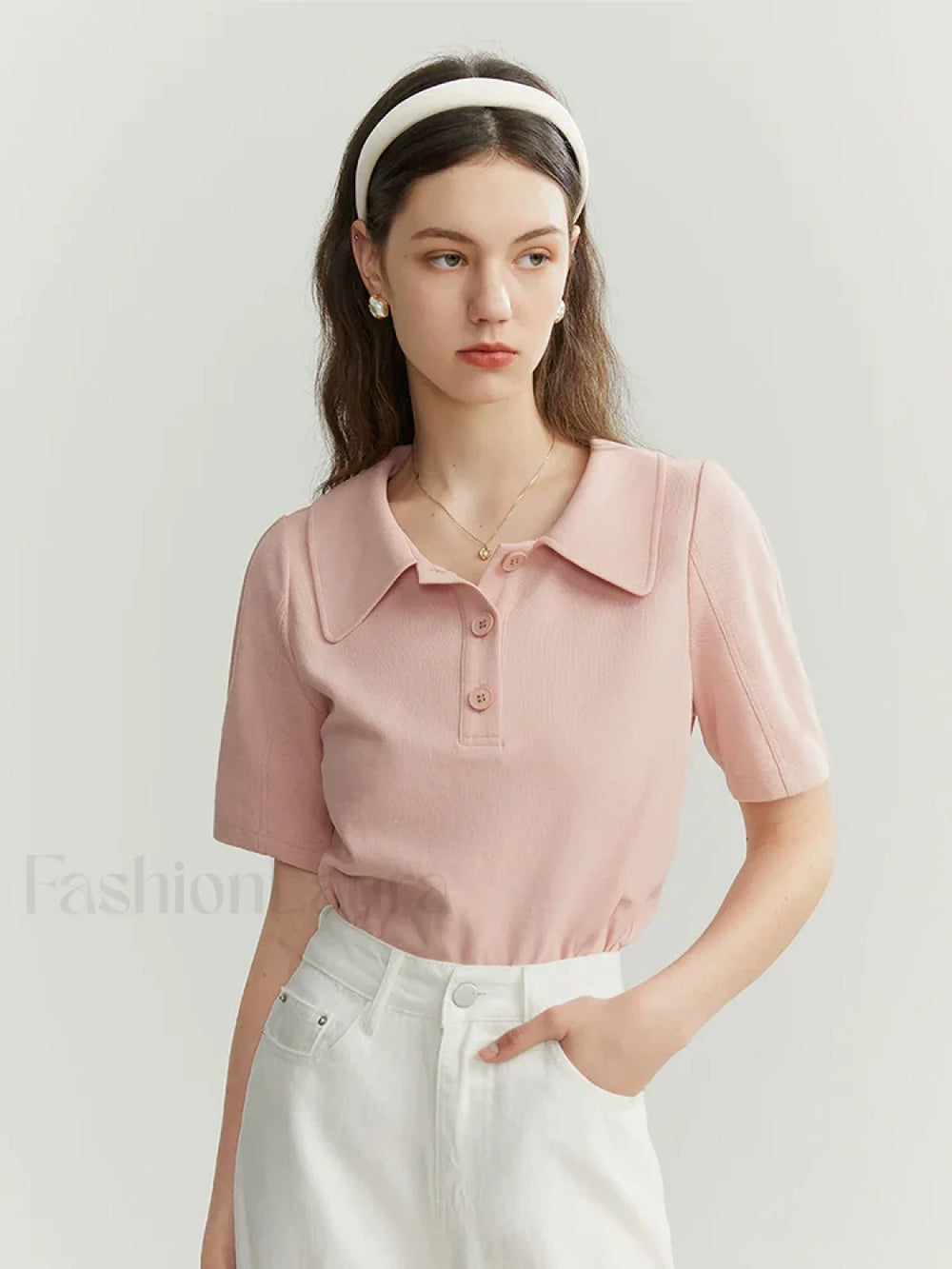 Solid Color Cotton Polo Collar T Shirt Pink / S