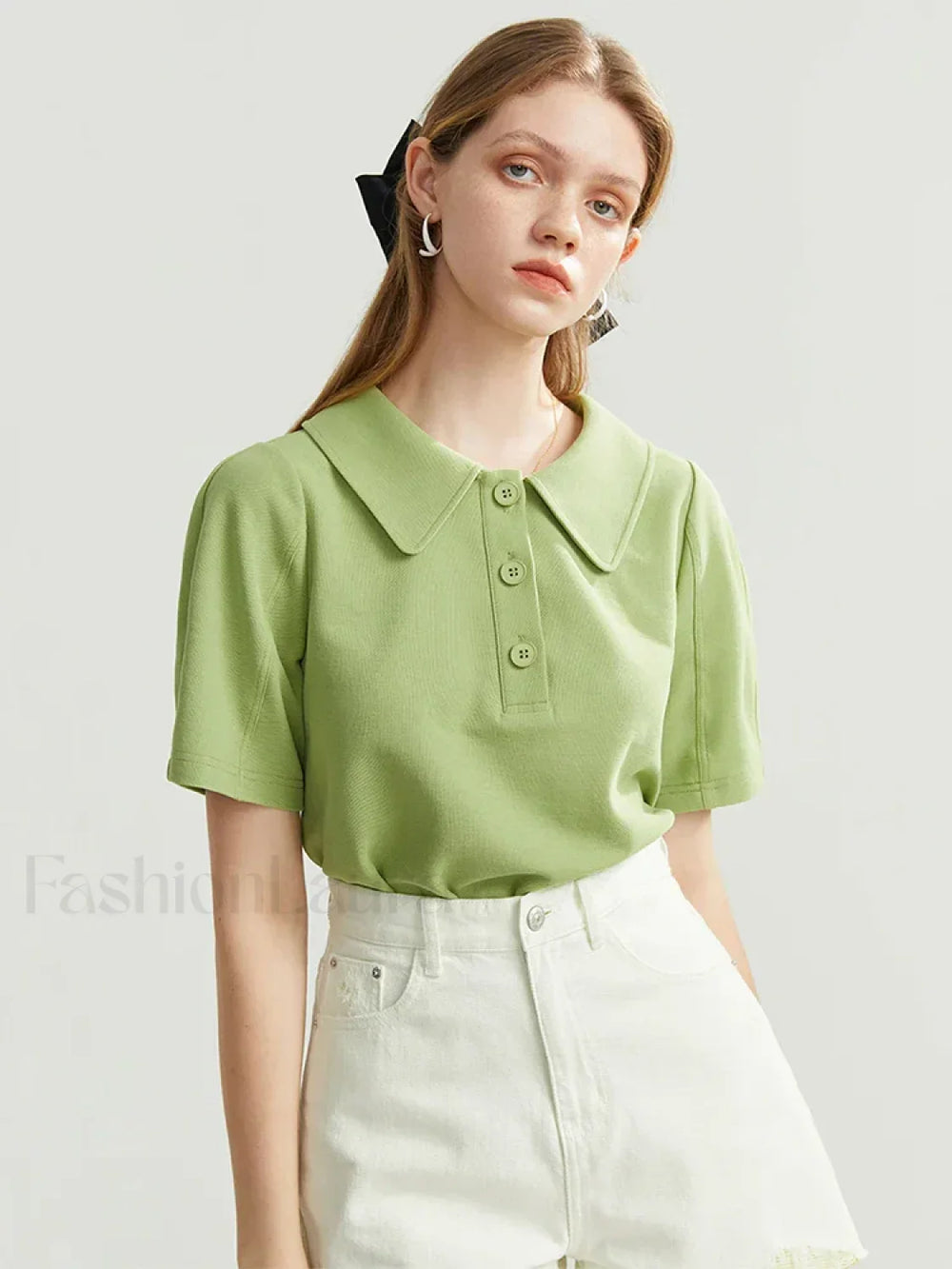 Solid Color Cotton Polo Collar T Shirt Green / S