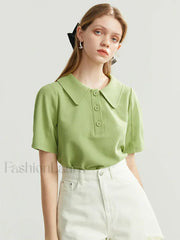 Solid Color Cotton Polo Collar T Shirt Green / S