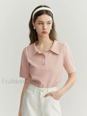 Solid Color Cotton Polo Collar T Shirt Pink / S