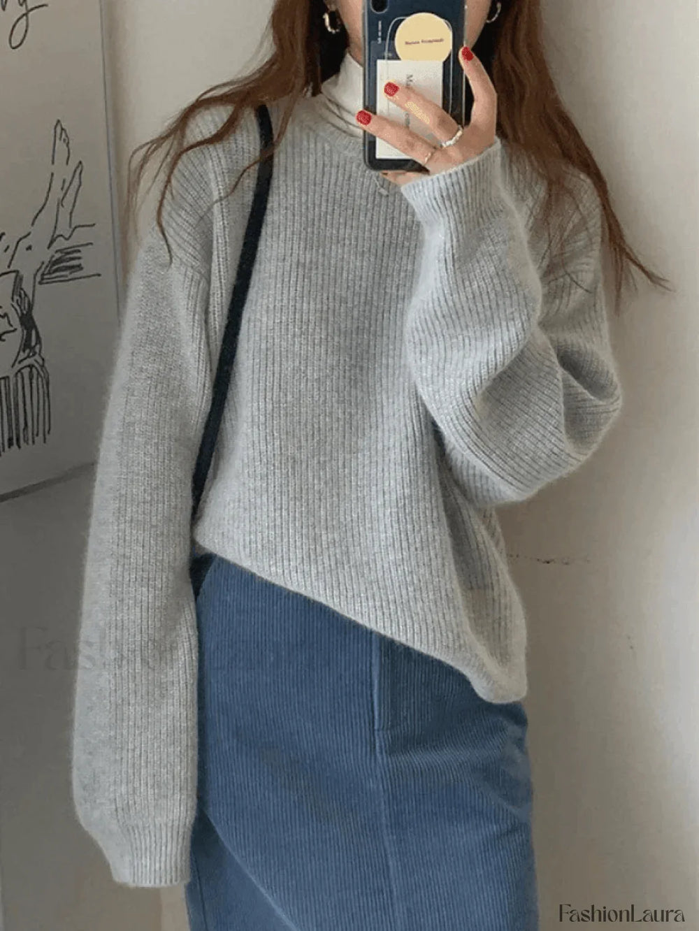 Solid Color Crew Neck Pullover Sweater Gray / ONE SIZE Sweaters