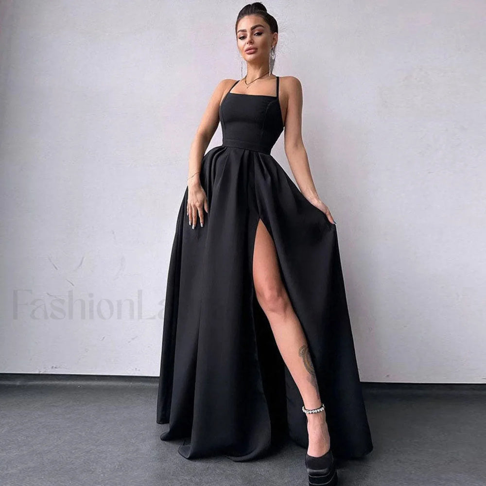 Solid Color High Split Lace Up Back Sleeveless Prom Maxi Dress Black S / Black Formal Dresses