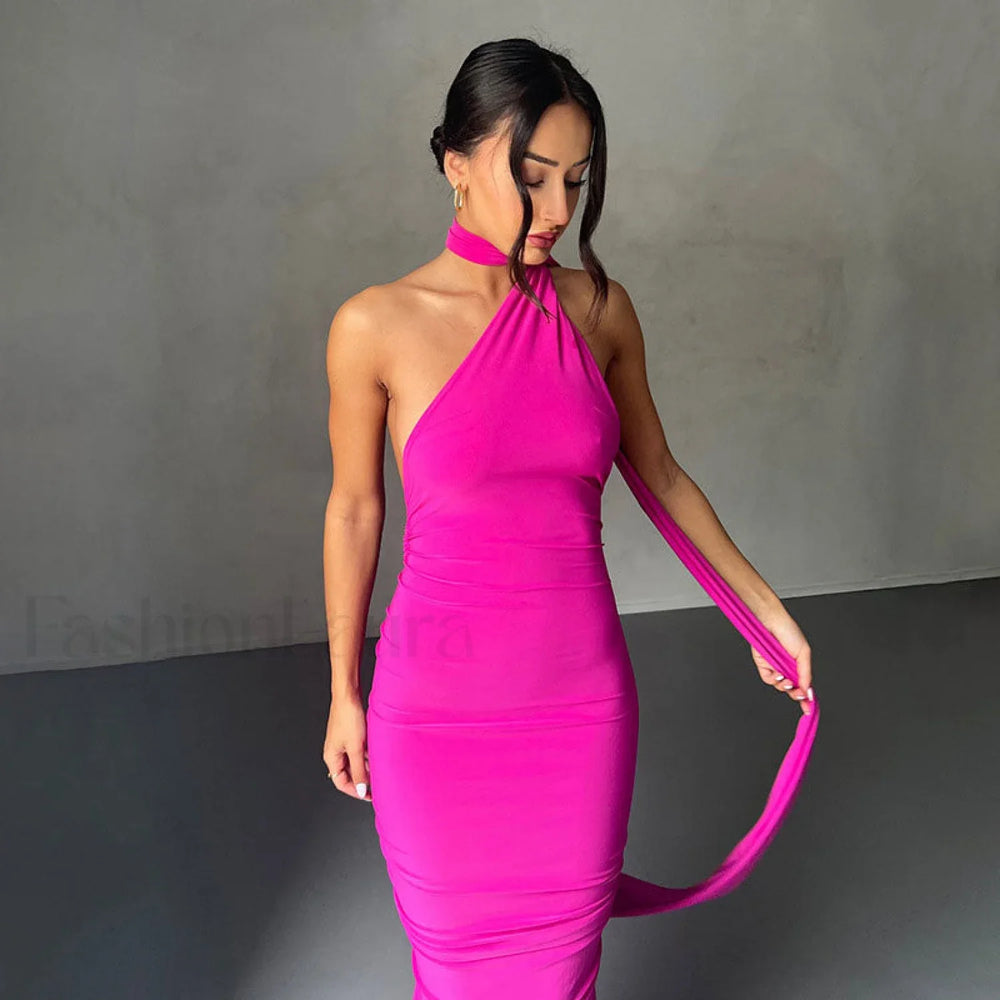 Solid Color One Shoulder Ruched Evening Maxi Dress Hot Pink M / Hot Pink Party Dresses L