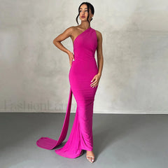 Solid Color One Shoulder Ruched Evening Maxi Dress Hot Pink S / Hot Pink Party Dresses L