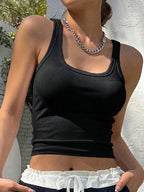 Solid Color Square Collar Fitness Tank Camisole Crop Top Black / M