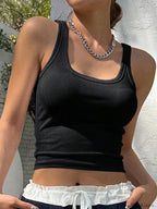 Solid Color Square Collar Fitness Tank Camisole Crop Top Black / M