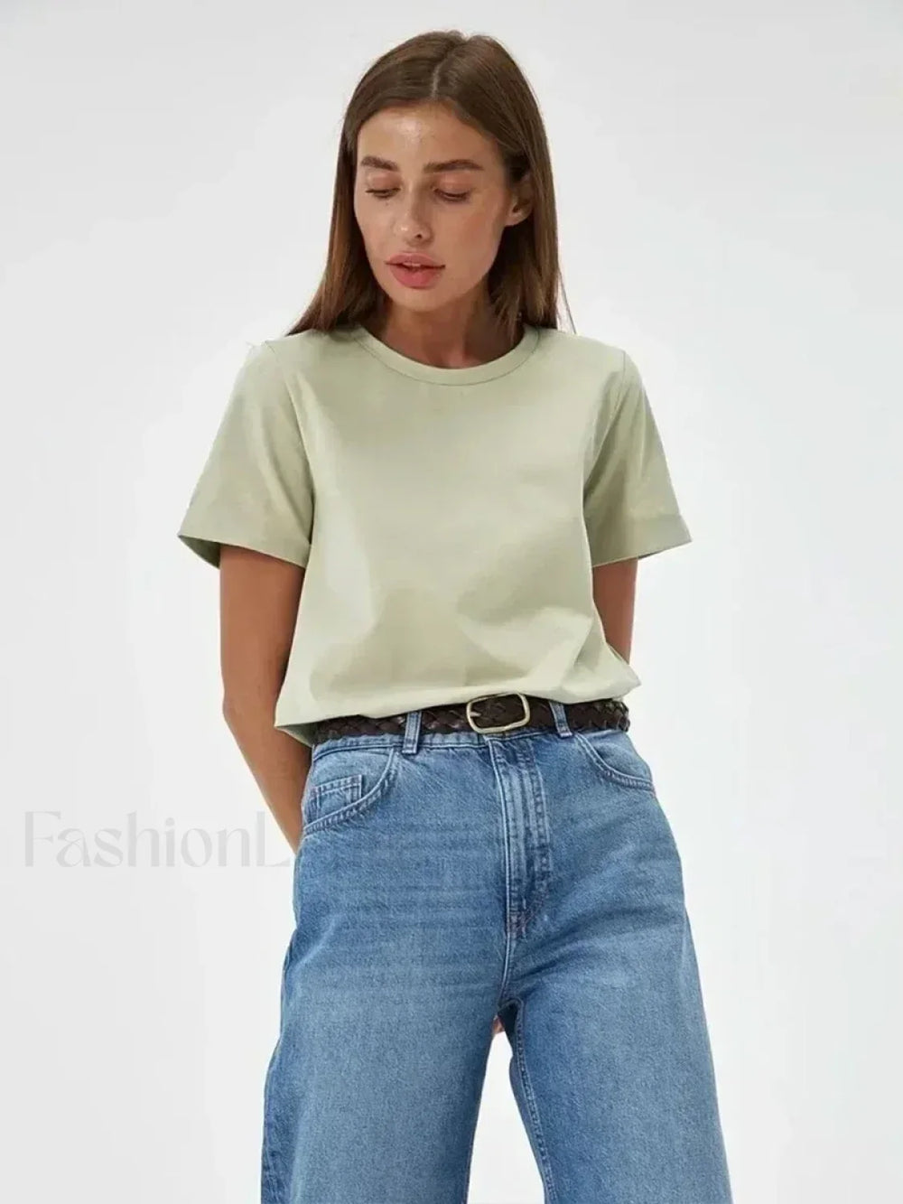 Solid Cotton Basic Short Sleeve T Shirt Light green / S