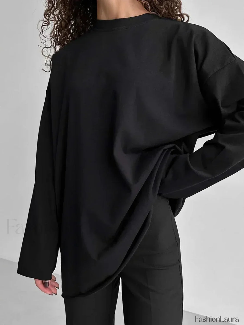 Solid Cotton Long Sleeve Loose T Shirt Black / S