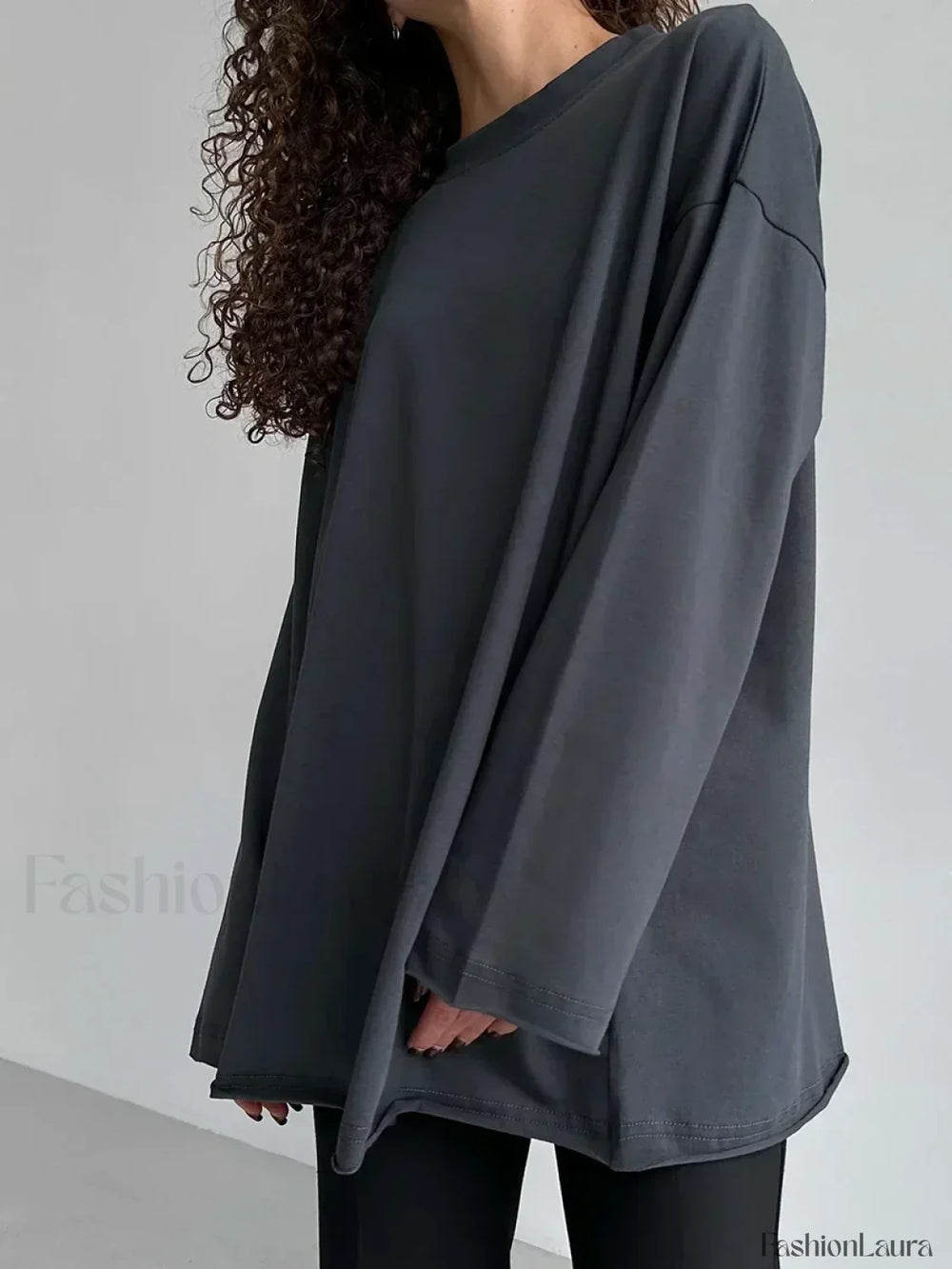 Solid Cotton Long Sleeve Loose T Shirt GRAY / S