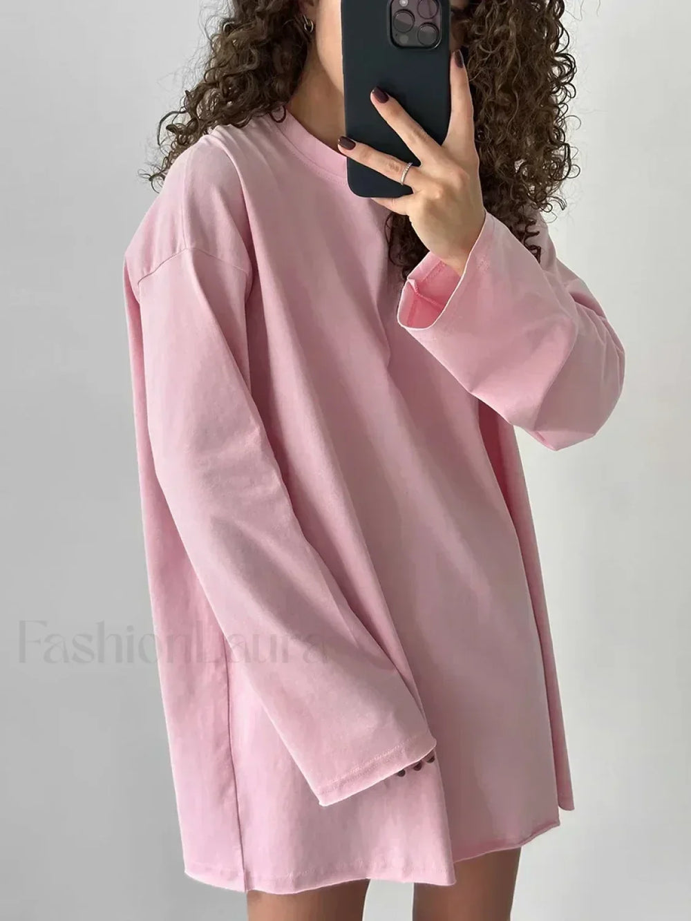 Solid Cotton Long Sleeve Loose T Shirt Pink / S