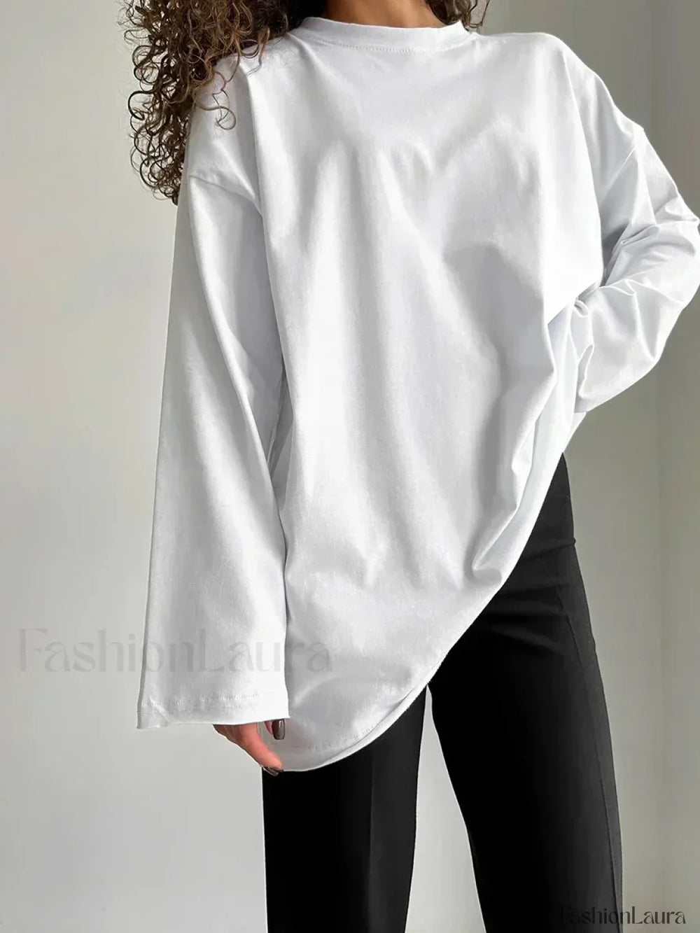 Solid Cotton Long Sleeve Loose T Shirt WHITE / S