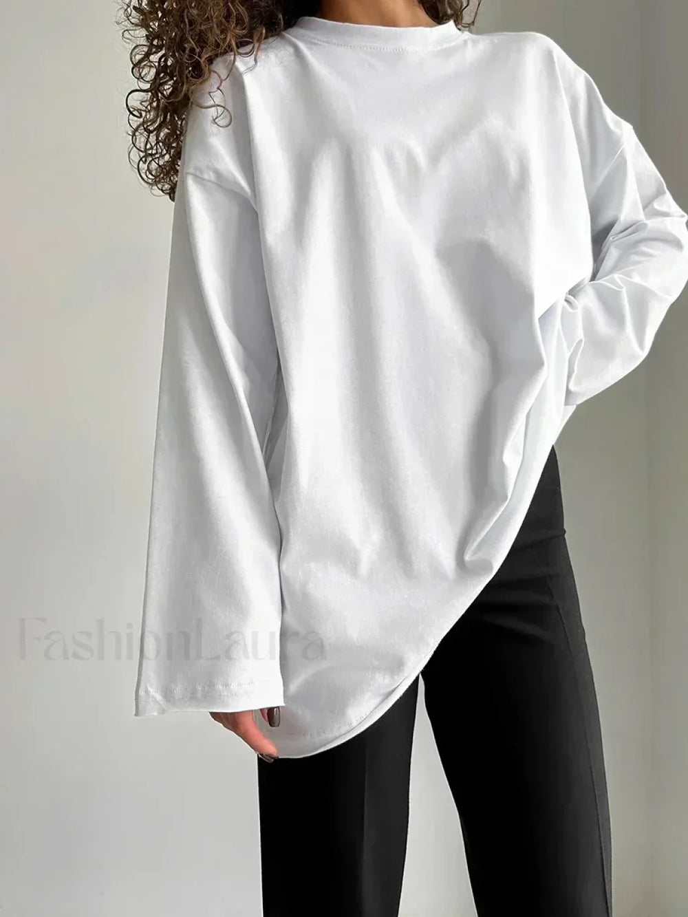 Solid Cotton Long Sleeve Loose T Shirt WHITE / S