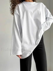 Solid Cotton Long Sleeve Loose T Shirt WHITE / S