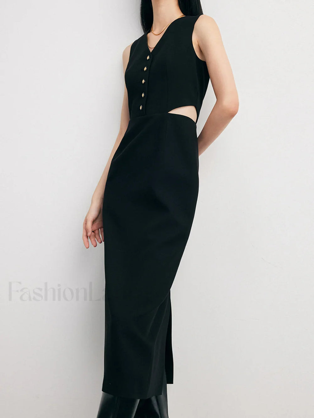 Solid Cut Out Trendy Buttoned Midi Vest Dress Black / S Dresses